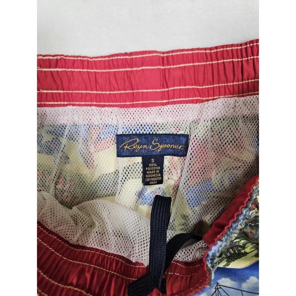 Vintage REYN SPOONER Pattern Ships Planes Palm Polyester Swim Shorts Men's Small